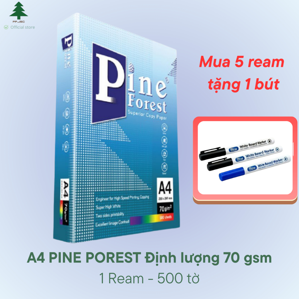 Giấy in, giấy photo Pine Forest  A4 Đ𝐢̣𝐧𝐡 𝐥𝐮̛𝐨̛̣𝐧𝐠 𝟕𝟎𝐠/𝐦𝟐 ( 500 tờ/1 ram )