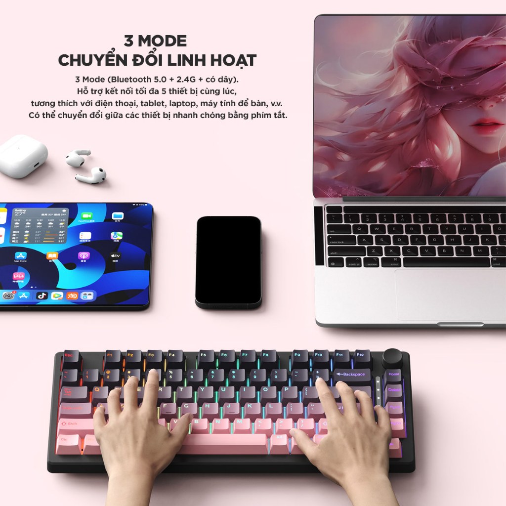 Bàn phím cơ F75 gaming Không dây 2.4G/Bluetooth/có dây LED RGB cho máy tính/laptop/ipad 3 mode 5 pin hotswap Sạc pin pin | BigBuy360 - bigbuy360.vn