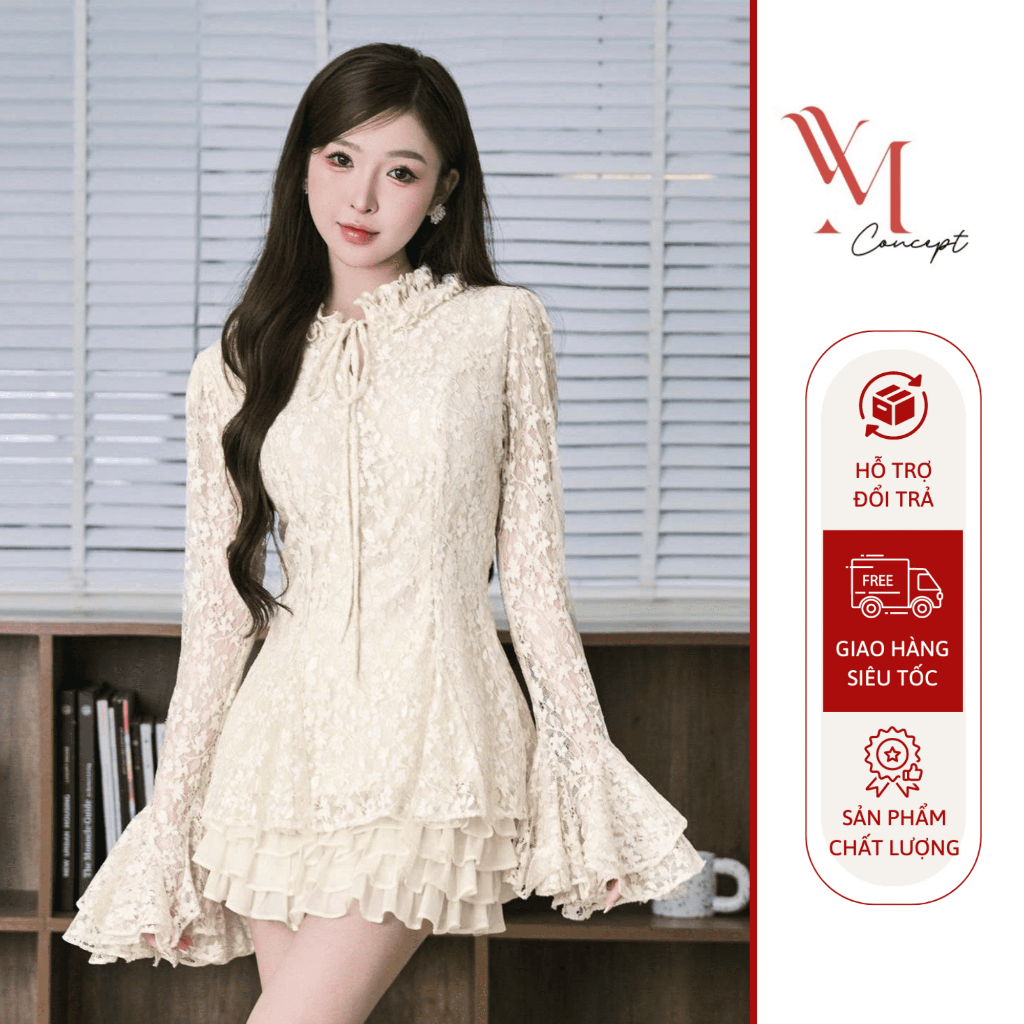 YM Concept Set Áo Ren Cổ Bèo Tay Loe Kèm Chân Váy Tầng Dễ Thương Dịu Dàng D1383