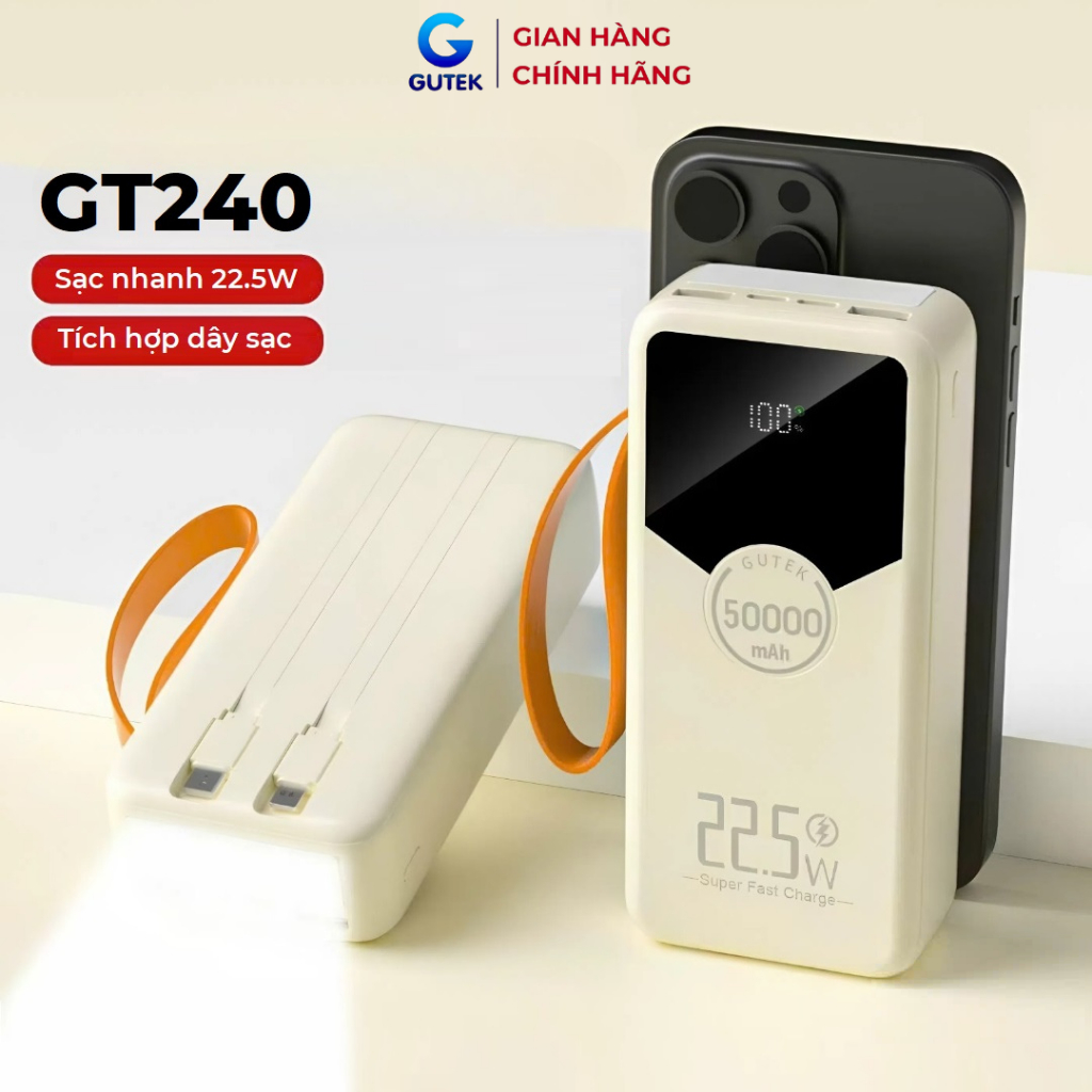 Pin sạc dự phòng 50000mAh Gutek GT240 sạc nhanh 22,5W có dây cắm nhiều điện thoại | BigBuy360 - bigbuy360.vn
