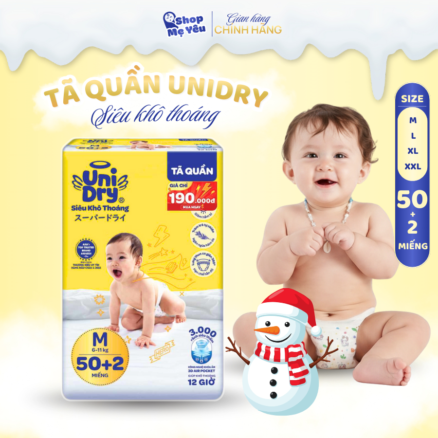 Tã quần Unidry siêu khô thoáng 52 miếng/gói M L XL XXL – mềm mại thoáng khí cho bé