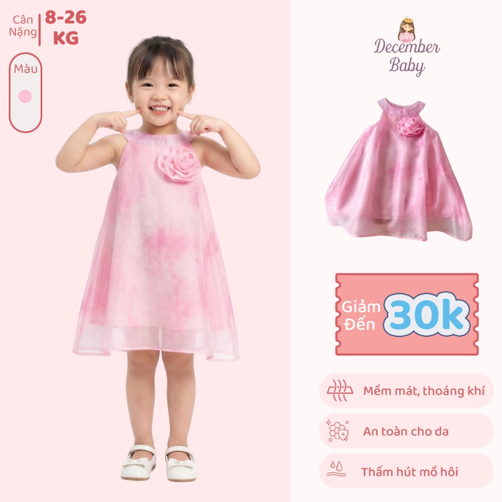 Váy Cổ Yếm Tơ In Lạ Mắt Đính Hoa Xinh Xắn Cho Bé Gái -[DEC20] - December Baby