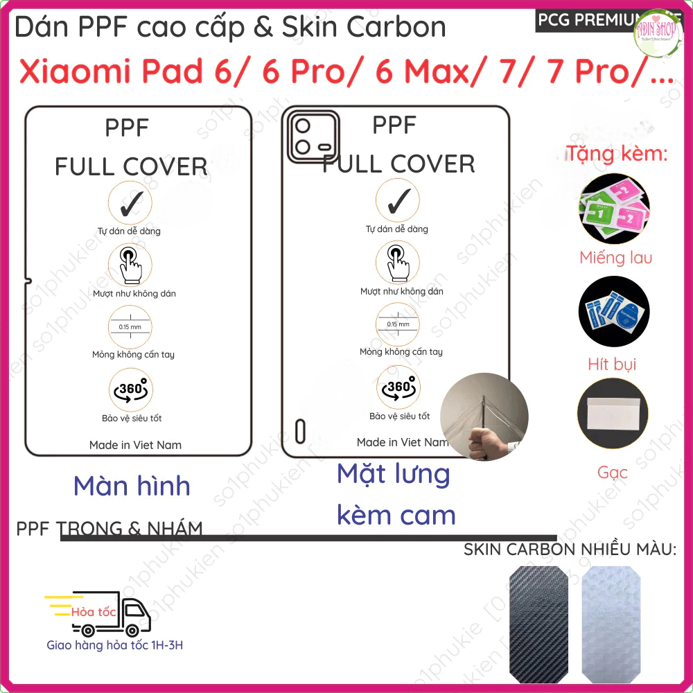 Dán PPF & Vân Carbon cho Xiaomi Pad 6 (mi pad 6)/ 6 6S Pro 6 Max/ Pad 7 Pro màn hình,mặt lưng loại t