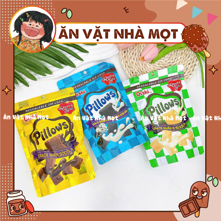 Snack Pillows Oishi Nhân Sữa Dừa - Socola - Kem Vani GÓI LỚN (80G), Bánh Nhân Kem Oishi, đồ ăn vặt