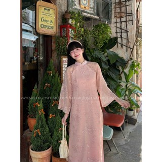  Áo dài Tết cách tân thiết kế 4 tà dáng suông cổ tàu vải tơ thêu kim sa hồng pastel diện đám cưới đi chơi Tết Vayemcloset 