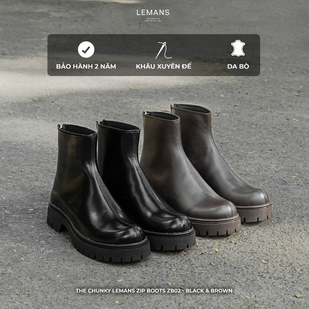 Boots da The Chunky Lemans Zip Boots Black&Brown ZB02.4 - Đế tăng cao 4cm - Khoá hậu YKK - Zip da bò