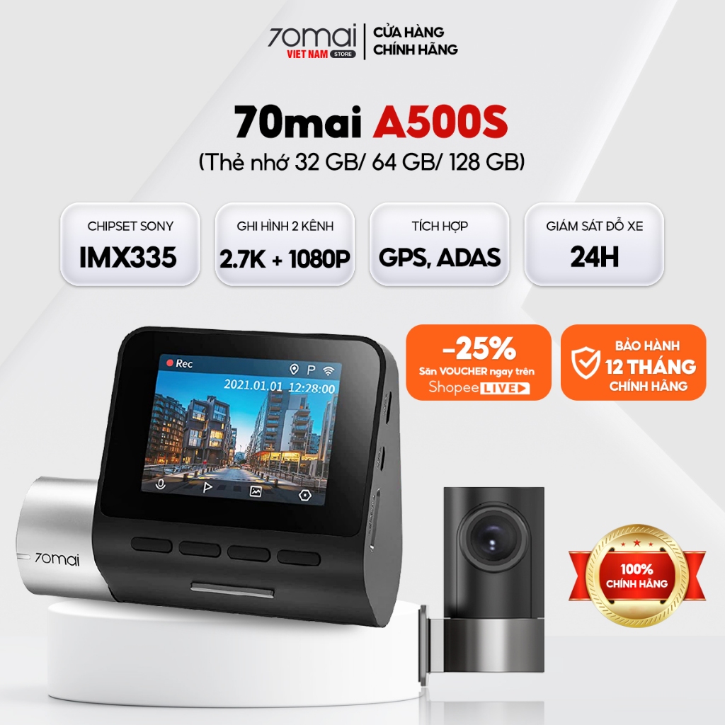 Camera hành trình 70mai Pro Plus+ A500S ghi hình 2.7K, 2 mắt quay trước sau, bản Quốc tế chính hãng