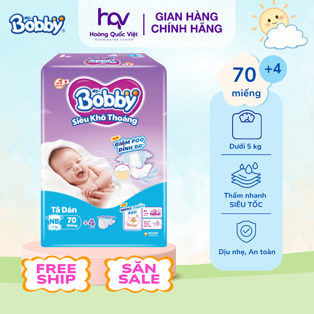 Tã Dán Sơ Sinh Bobby NB70+4 Siêu Khô Thoáng Cho Bé Dưới 5kg