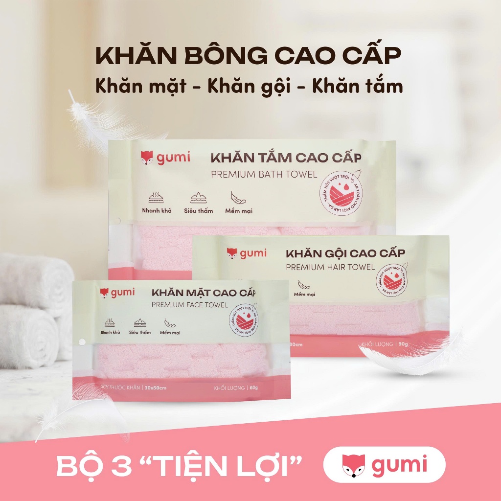Khăn bông cao cấp Gumi: khăn mặt – khăn gội – khăn tắm, vải dày mịn, thấm hút nhanh, bền màu và an toàn cho da.