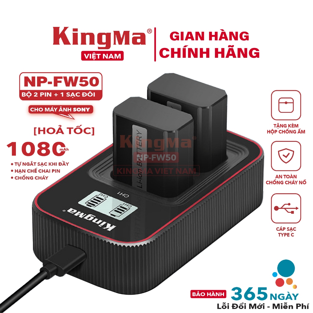[ Hoả Tốc ] Bộ 2 Pin + 1 Dock Sạc Đôi NP-FW50 Chính Hãng KINGMA. Dung Lượng 1080mAh. Phiên Bản Mới Nhất V3