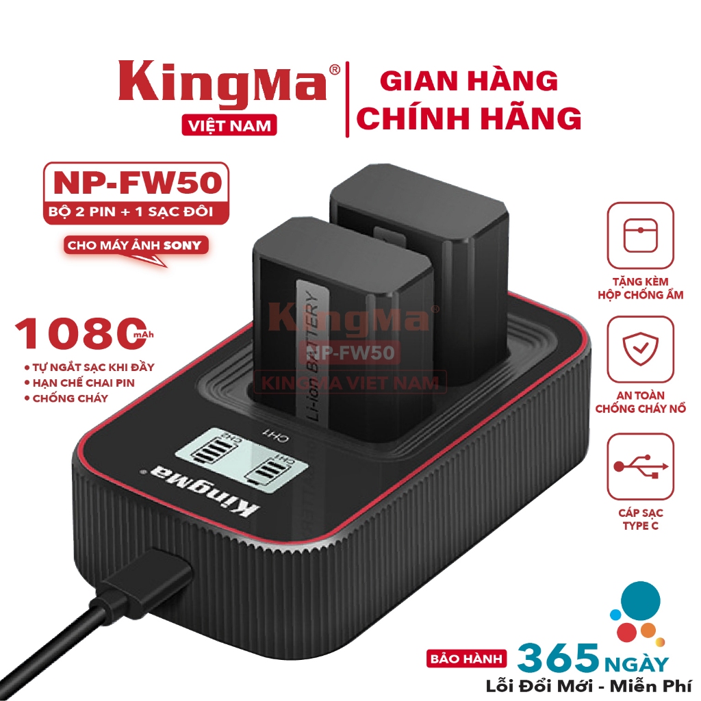 Bộ Sạc Đôi NP-FW50 KingMa Và Pin KingMa NP-FW50 Cho Máy Ảnh Sony. Bản Mới 2026 Bảo Hành 12 Tháng