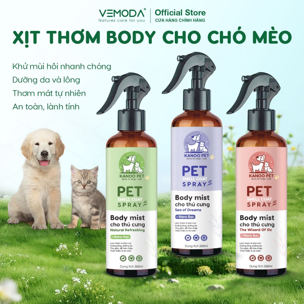 Body mist thú cưng Kanoo Pet - sạch thơm, khử mùi chó mèo và hỗ trợ dưỡng lông. Hương thơm nước hoa 