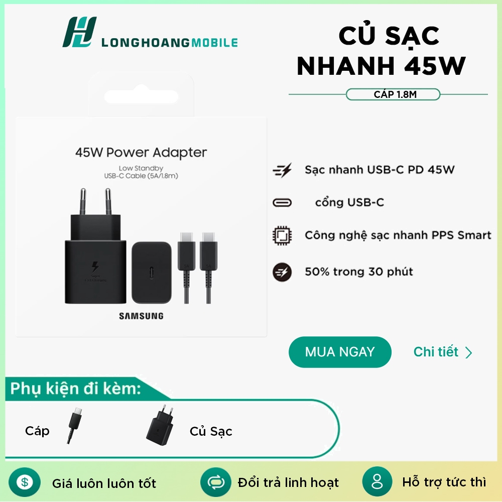 [ Sạc 45W Samsung EP-T4511 ] - Bộ Adapter sạc kèm cáp Type C - Type C PD 45W
