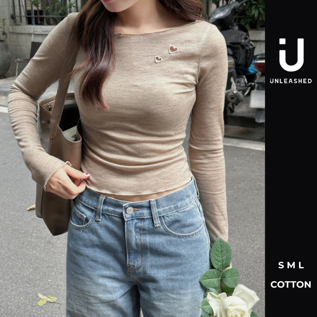  Áo thun nữ thêu tim dáng ôm vừa dài tay xuyên thấu Unleashedvn BLANK HEARTED cotton top 