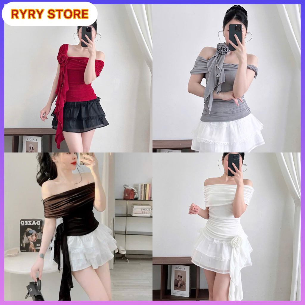 Sét áo trễ vai phối váy xoè nữ kiểu dáng Douyin sét váy áo nữ dự tiệc đi chơi xinh