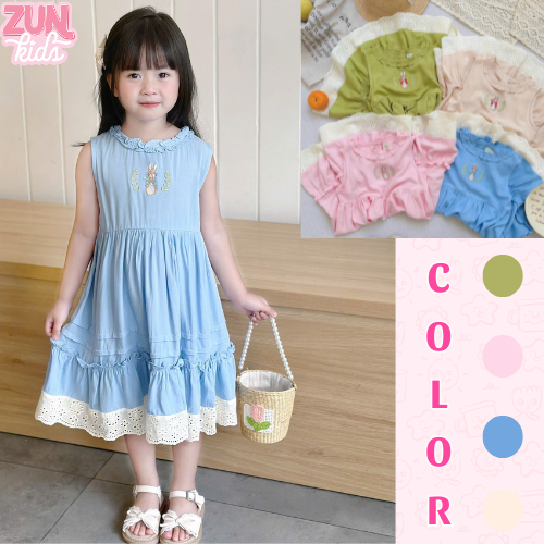 Đầm bé gái Lolita vintage AZD533 –Váy Linen lụa mềm, phối ren thêu và thêu hình Thỏ dễ thương ZUN Ki