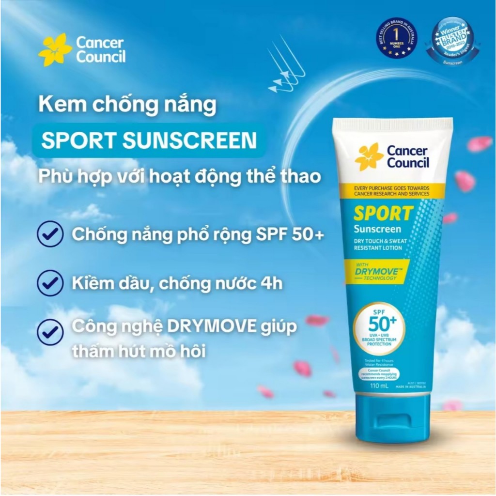 Kem chống nắng thể thao Cancer Council Sport Sunscreen Dry Touch & Sweat Resistant Lotion SPF50+ 110
