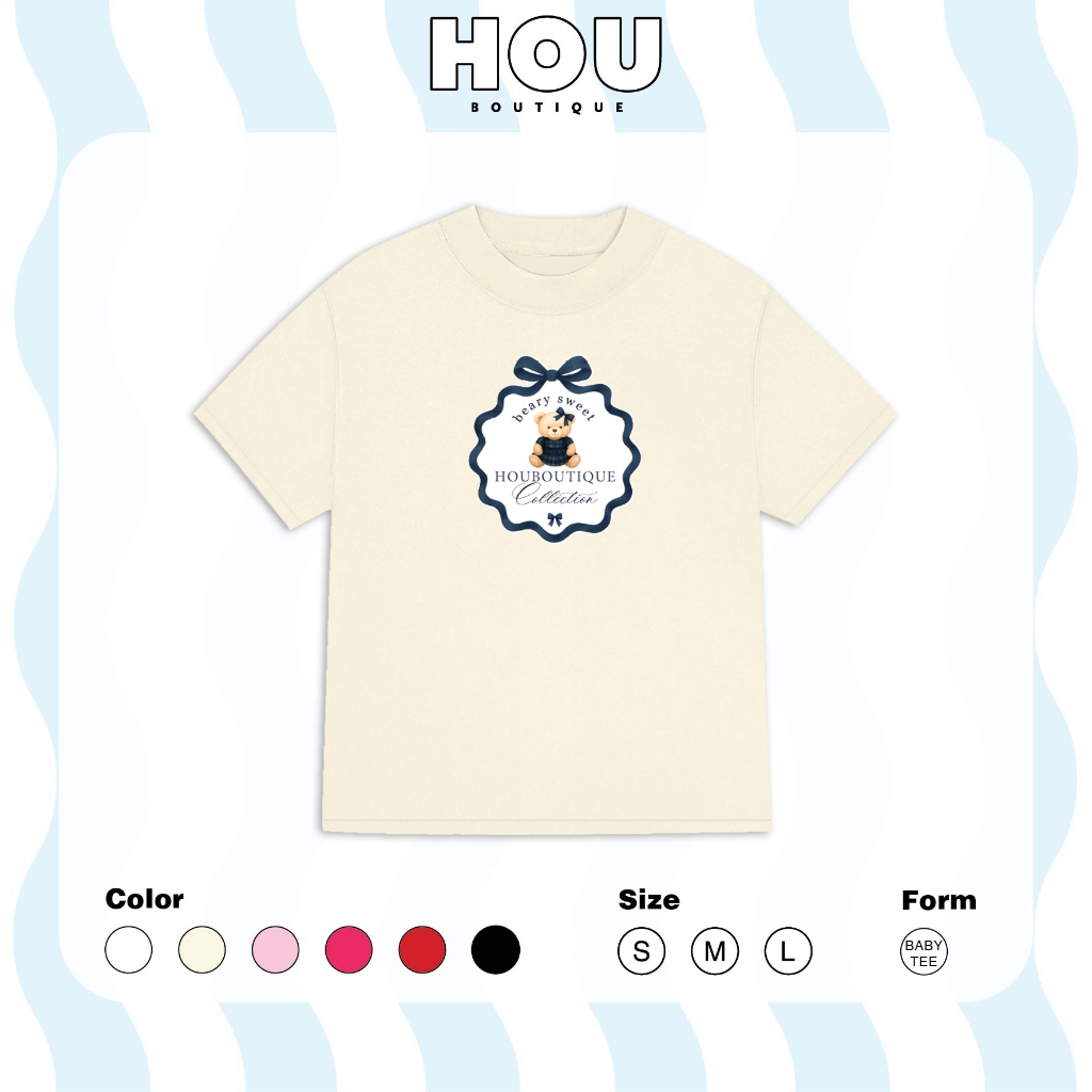[Hàng Mới] Áo Thun Nữ Babytee Dáng Vừa, Thun Cotton 2 Chiều, Cổ Tròn HOU boutique Mẫu Bear Blue ( AT