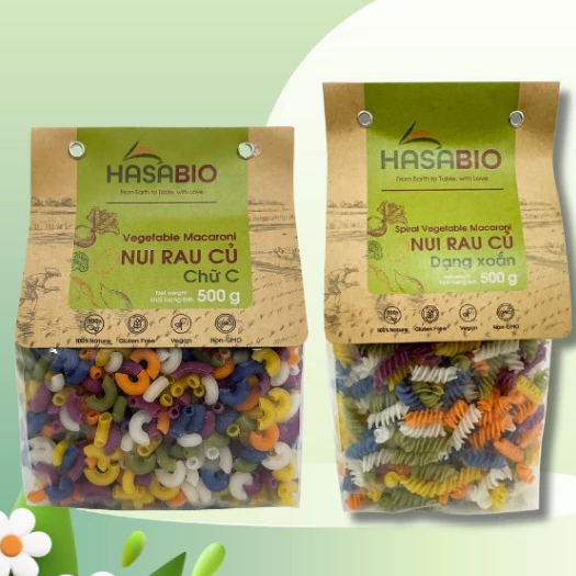 Nui rau củ HaSaBio Macaroni/ Fusilli 500g Nui chữ C, Nui xoắn