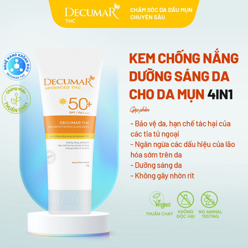Kem chống nắng kiềm dầu cho da mụn, nâng tone Suncream Decumar THC SPF 50+ PA+++ chính hãng, chống trôi - THC01