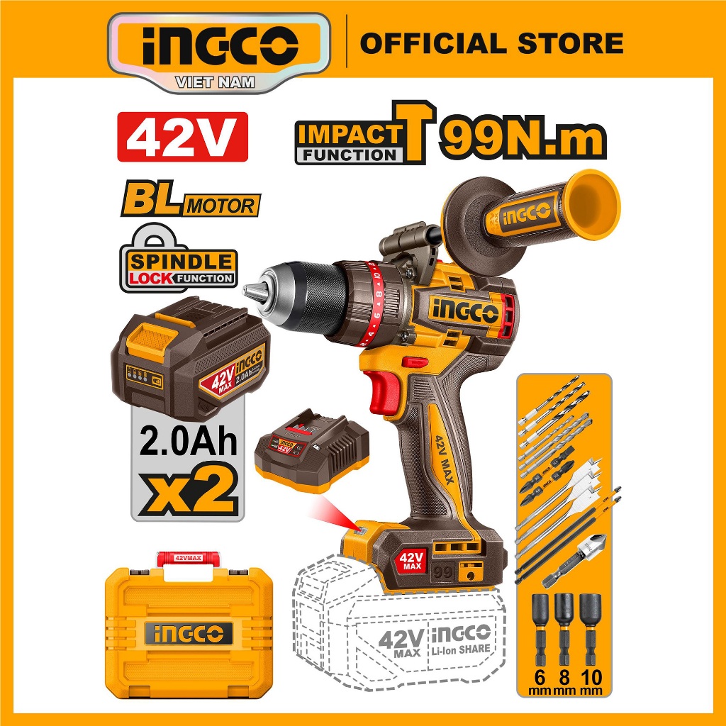 Máy khoan pin 42V max INGCO CIDLI429982 99Nm (có tay cầm trợ lực) máy mạnh tăng hiệu suất công việc