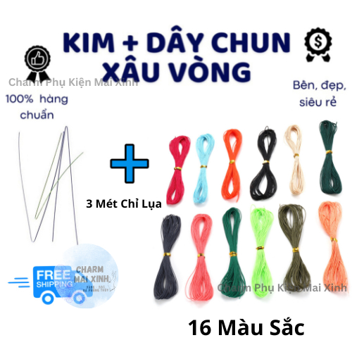 [GIÁ SỈ] COMBO 3 Mét Chỉ Lụa Co Giãn + Kim Xâu Vòng Tay - 16 Màu - Hàng Loại Đẹp - Dây Xâu Vòng Gỗ, 