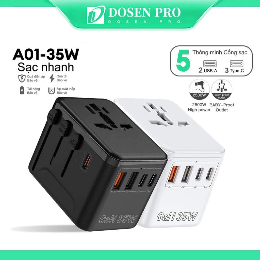 Ổ Cắm Chuyển phổ quát Đổi Du Lịch DOSEN PRO Sạc Nhanh 35W Ổ Chia Điện 4 Loại Chân Cắm Chuyển Đổi Dòn