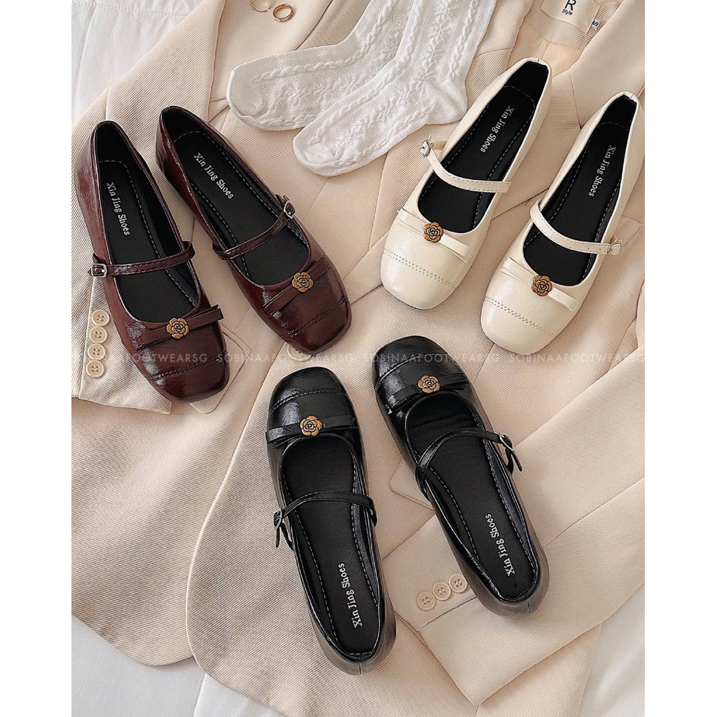 SOBINAA ✨Giày Mary Jane ulzzang Hàn Quốc, form nhẹ – đế êm, thiết kế đính hoa nhỏ xinh giúp outfit thêm mềm mại