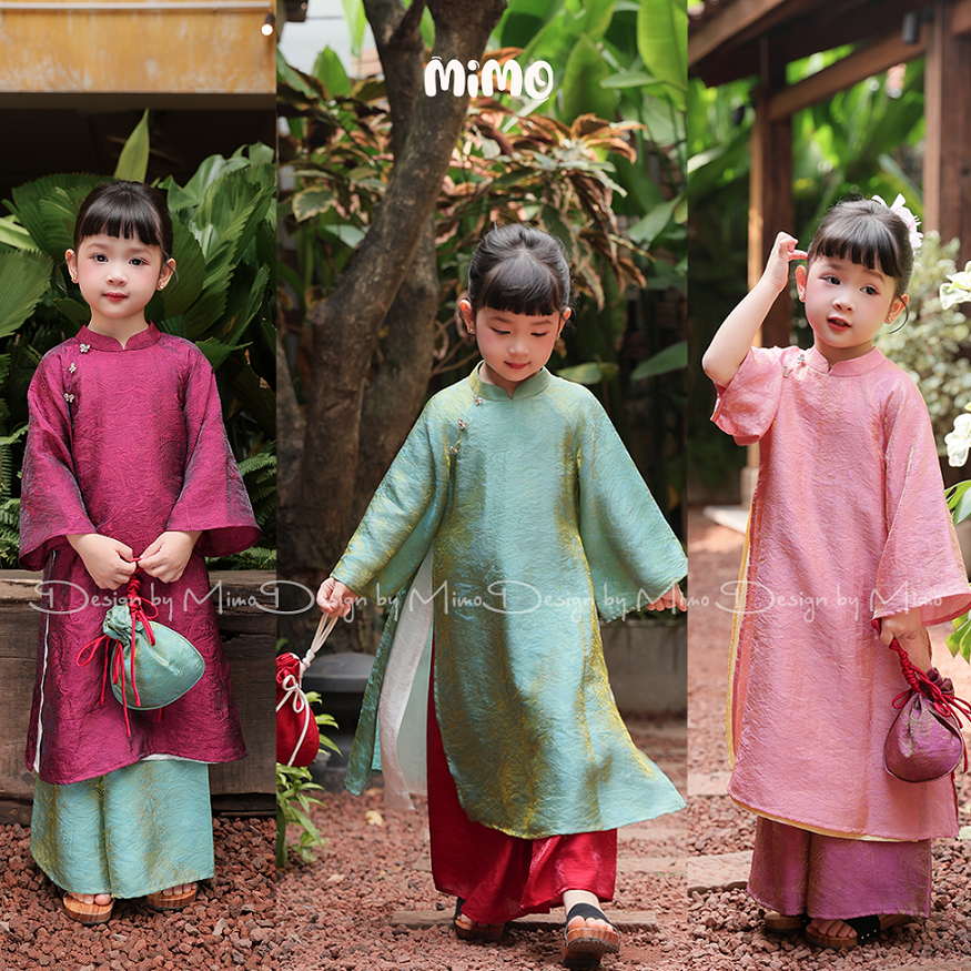 Áo Dài Lụa Cao Cấp 4 Tà – Hồng Tím / Hồng Vàng / Xanh / Tím Mimo AD5-247 Mimo Baby