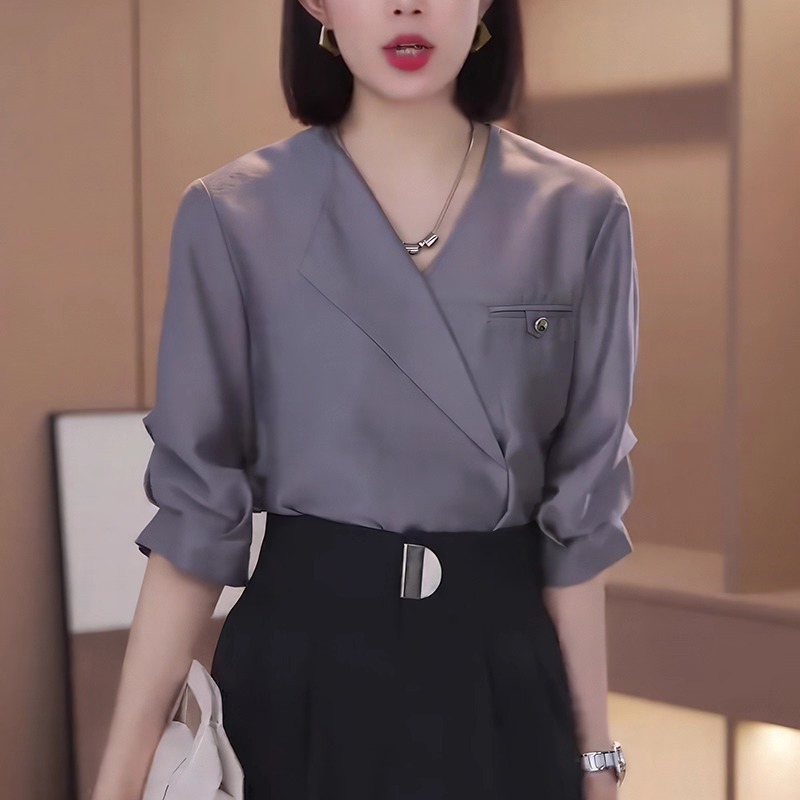 Áo Sơ Mi Nữ Kiểu Hàn Cổ Vest Lệch Thanh Lịch – Áo Công Sở Sobin Big Size Mập SM154, 154