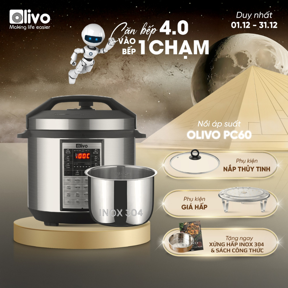 Nồi Áp Suất Điện Đa Năng OLIVO PC60 - 16 Chức Năng - Dung Tích 6L - Hầm, Xào, Ninh Xương, Lẩu