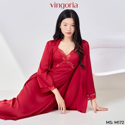 Set váy ngủ lụa kèm áo choàng phối ren VINGO/VINGORIA xuân hè M172