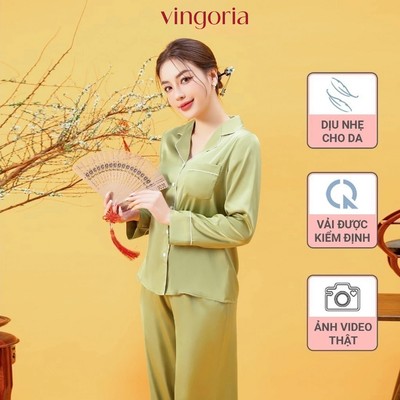 Bộ ngủ nữ pijama mặc nhà Lụa VINGO/VINGORIA tay dài mùa Thu H1113