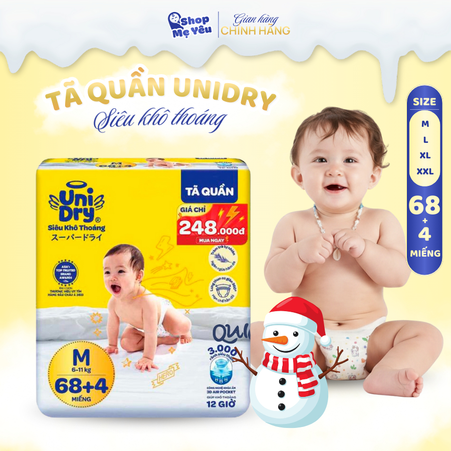 Tã quần Unidry siêu khô thoáng 68+4 miếng/gói M L XL XXL – mềm mại chống hăm cho bé