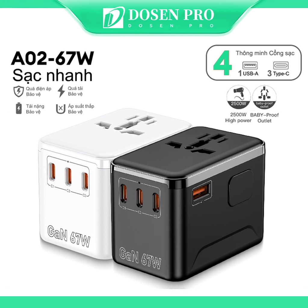 Ổ Cắm Chuyển phổ quát Đổi Du Lịch Dosen Pro Sạc Nhanh 67W GaN Ổ Chia Điện 4 Loại Chân Cắm Chuyển Đổi