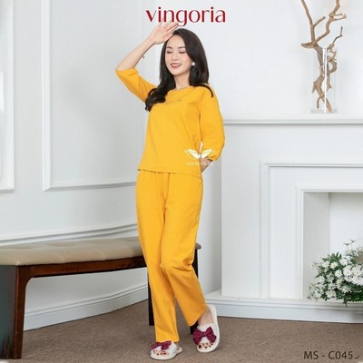 Bộ đồ cotton mặc nhà VINGO/VINGORIA tay lỡ quần dài màu vàng C045