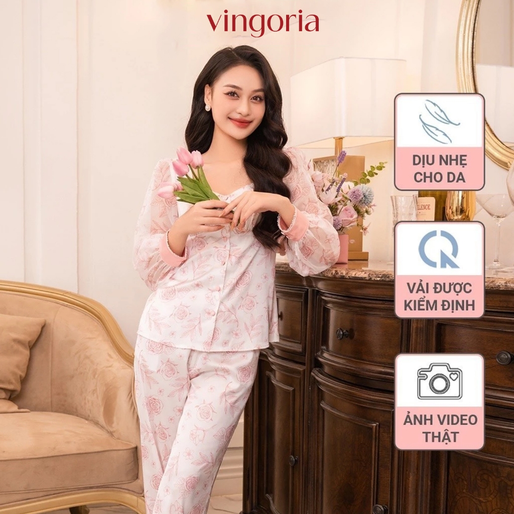 Bộ đồ ngủ nữ Pijama mặc nhà lụa VINGO/VINGORIA  tay dài mùa Thu H1069
