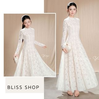   Bản Cao Cấp  Đầm Ren Trắng Thiết Kế Dài Tay Dáng Dài Hoa Tiết Hoa Sang Trọng Tôn Dáng Có Quần Bảo Hộ Bliss Shop - V315 