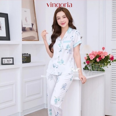 Đồ bộ mặc nhà Pijama lụa mặc nhà VINGO/VINGORIA tay ngắn xuân hè H1139