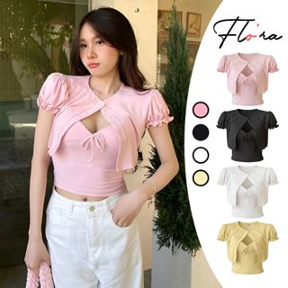  SET CARDIGAN CROPTOP TAY PHỒNG Bo Nhún Phối HAI DÂY Thun Gân SET02 Set Áo Choàng Nữ 2 Dây Thắt Nơ Ôm Body Flo'ra 