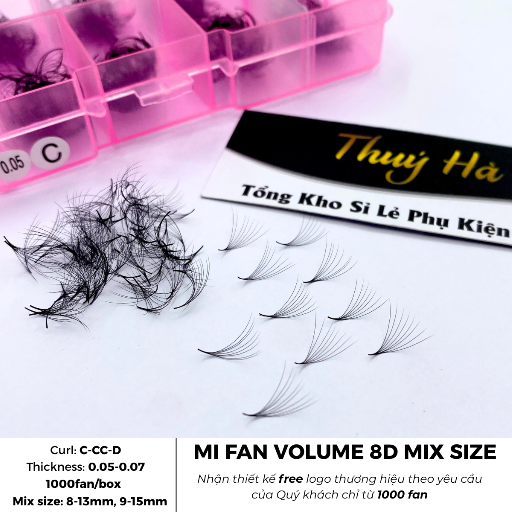 Mi fan sẵn 8D mix size 1000fan, dày 0.05-0.07 cong C-CC-D xòe đều, Lông Mi Nhân Tạo Thúy Hà