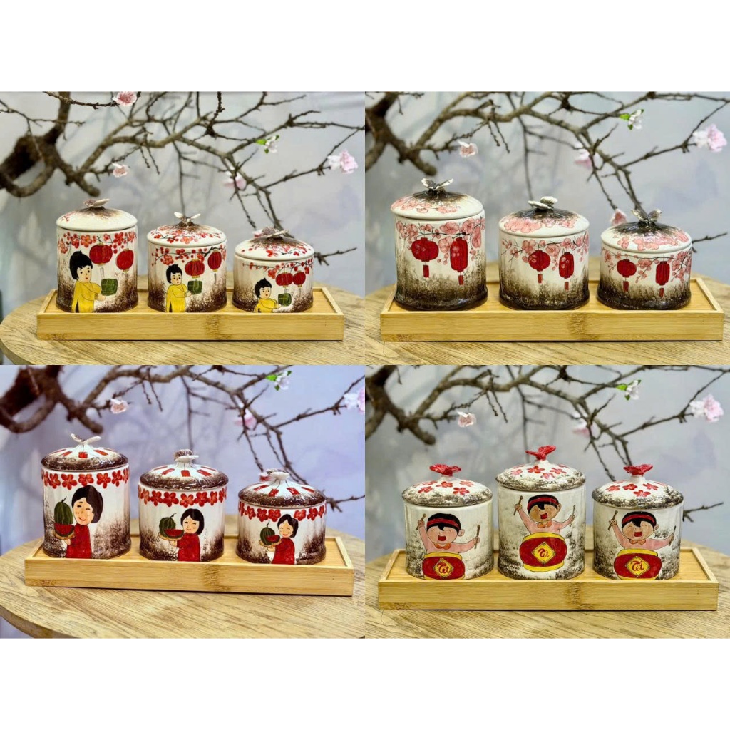 Bộ mứt 3 món vẽ tay cao cấp Bát Tràng kèm khay gỗ- khay mứt tết khay mứt nghệ thuật, khay mứt cao cấ