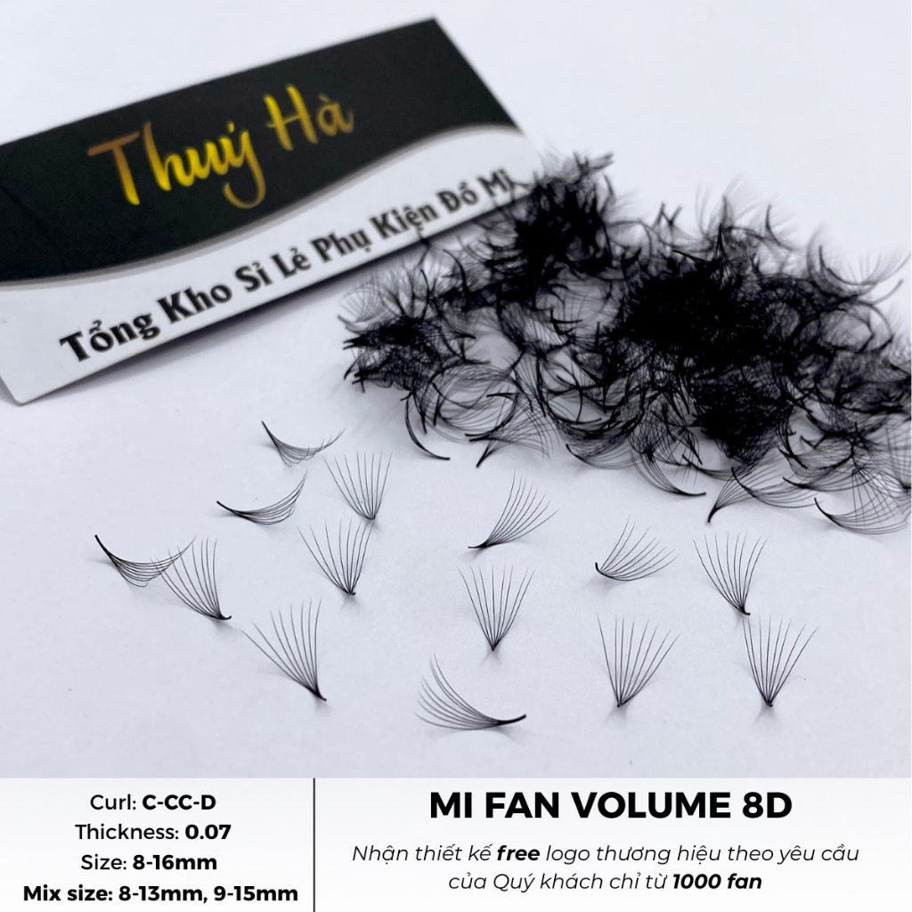 Mi fan sẵn 8D dày 0.07 độ cong C-CC- D 500-1000 fan/box mi volume, Lông Mi Nhân Tạo Thúy Hà