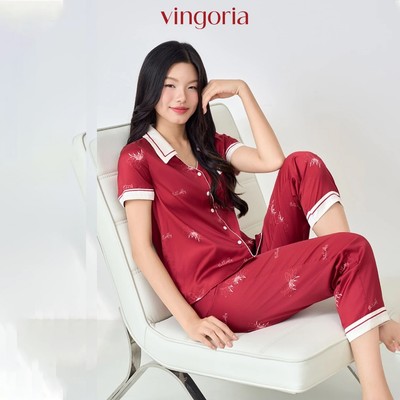 Bộ đồ ngủ mặc nhà Pijama lụa VINGO/VINGORIA tay ngắn xuân hè Crimson H1420