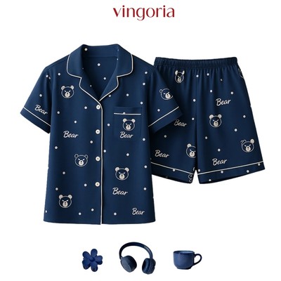 Pijama mặc nhà đồ ngủ lụa VINGO/VINGORIA tay cộc xuân hè H1348