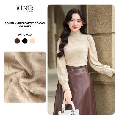 Áo kiểu nữ CARDINA chất liệu ren nhung cổ cao vai bồng 5YARD05