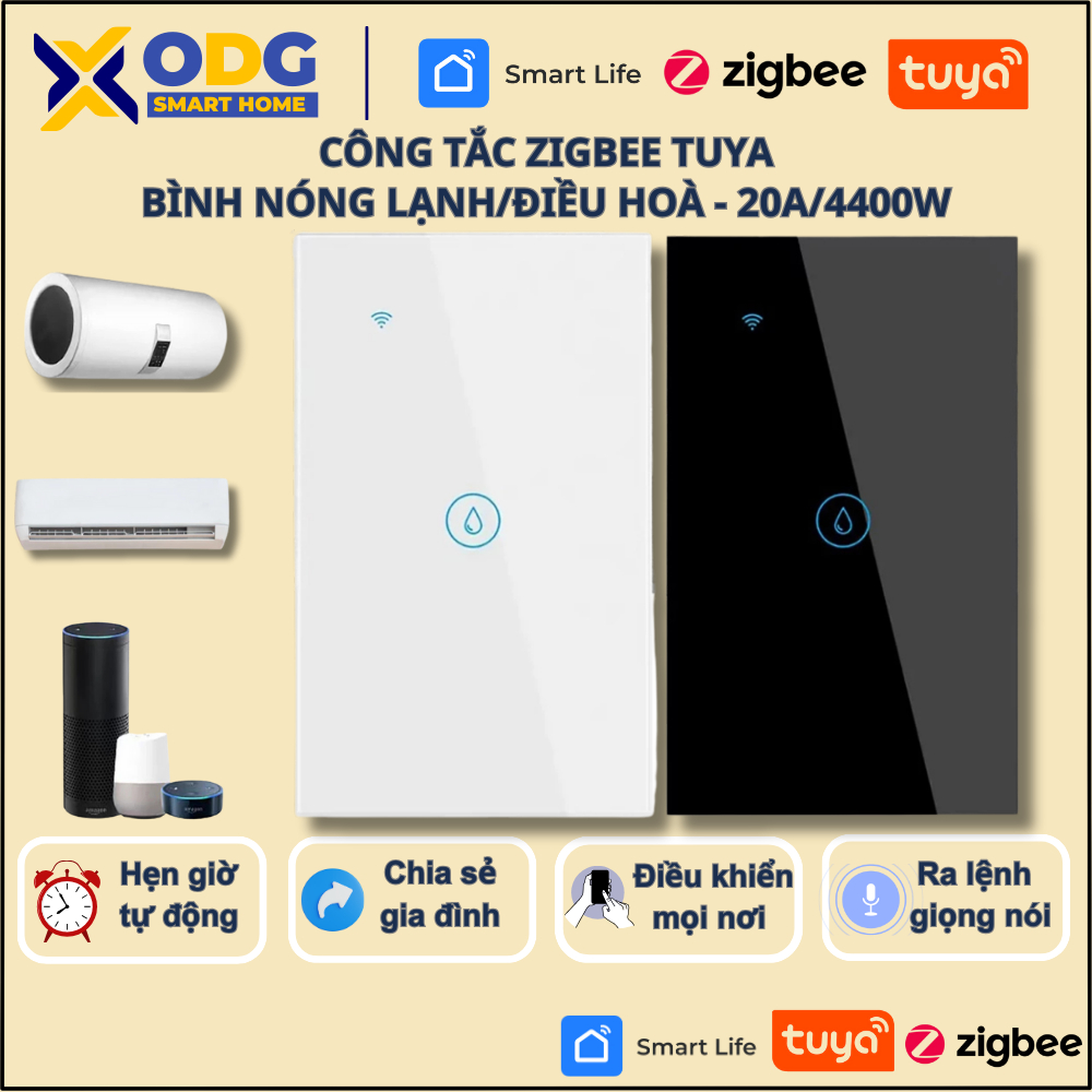 Công tắc Zigbee bình nóng lạnh Tuya, Hẹn giờ bật/tắt từ xa qua điện thoại 20A - 40A