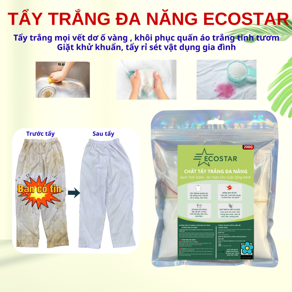 Tẩy Trắng Đa Năng ECOSTAR, Đặc Trị Ố Vàng, Tẩy Mốc Quần Áo & Đánh Bay Rỉ Sét Sàn Gạch