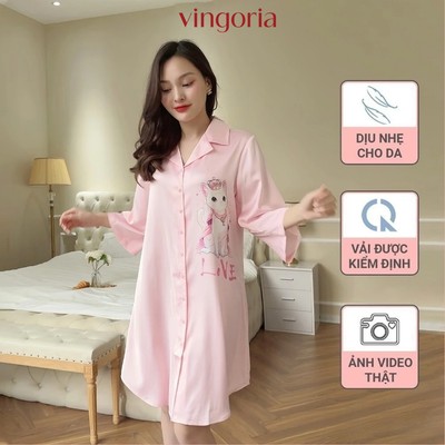 Váy sơ mi dáng dài lụa Pháp màu hồng VINGO/VINGORIA love cat mặc Hè thanh lịch N484