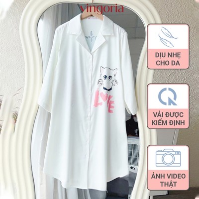 Váy sơ mi dáng dài lụa Pháp màu trắng mặc xuân hè VINGO/VINGORIA N451 - N484